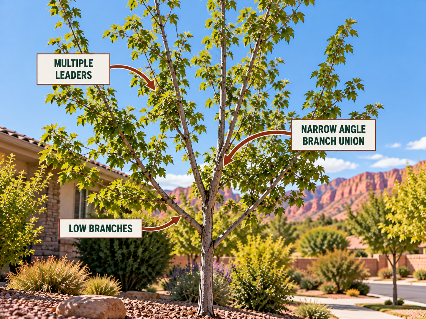 a tree that Your Young Tree Has Poor Structure to show as an example as one that needs to be pruned