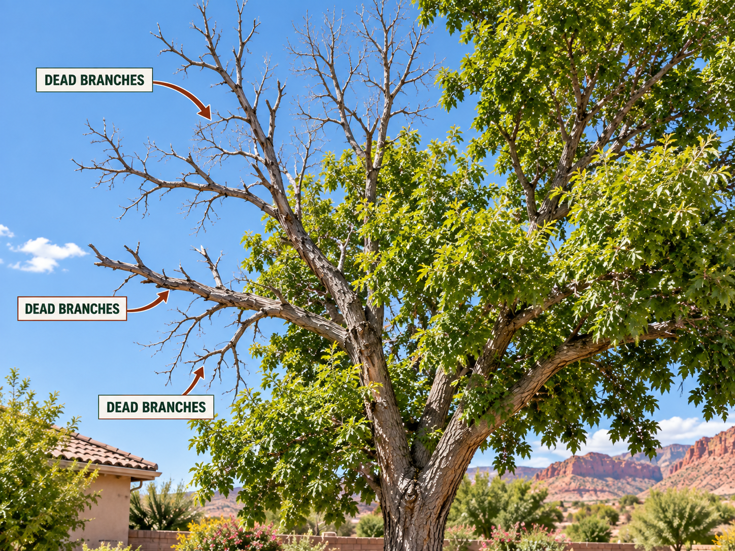a tree that has dead branches to show as an example as one that needs to be pruned
