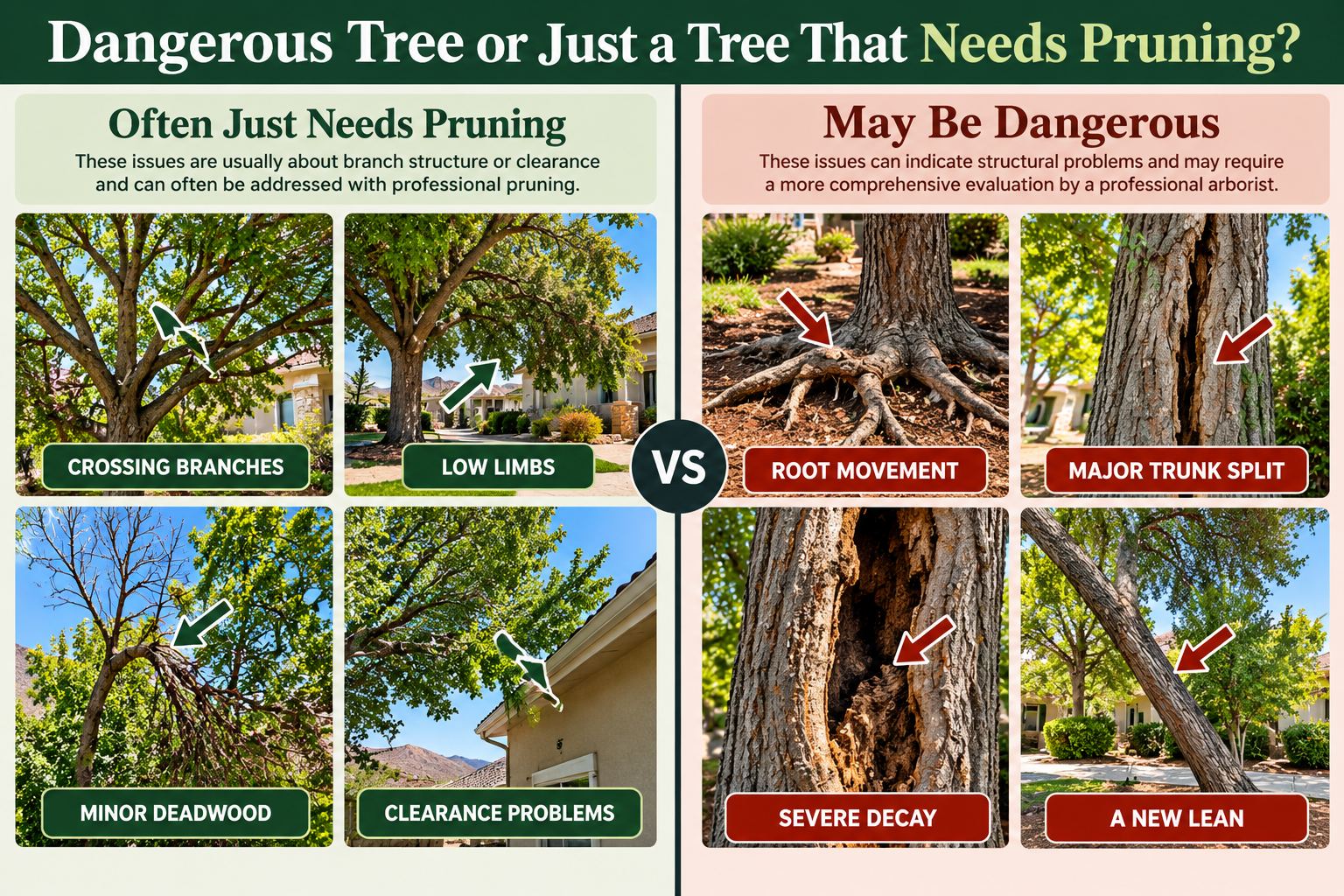 Comparison of tree pruning issues and dangerous tree warning signs including root movement, trunk splits, decay and leaning