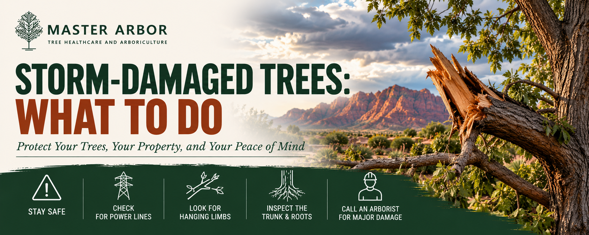 Storm-damaged tree with broken branches after high winds in Southern Utah