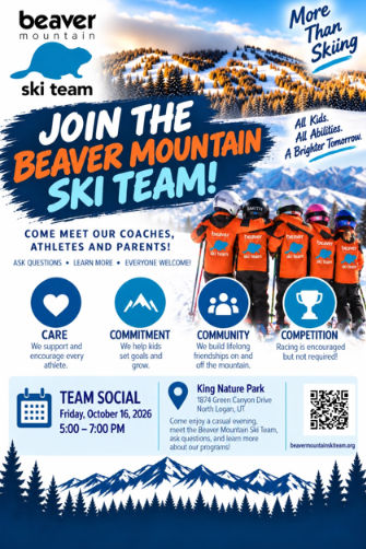 Flyer for Beaver Mountain Ski team. Team Social is Oct. 16, 2026 from 5-7pm at King Nature Park.