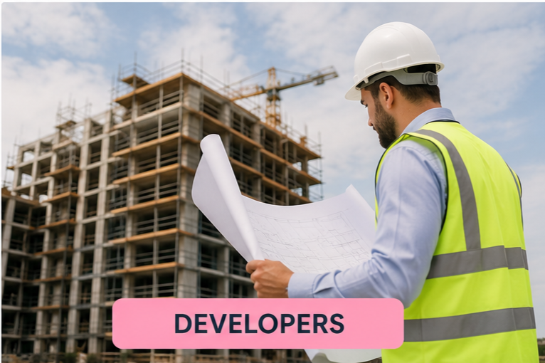 A construction worker in a white helmet and yellow safety vest reviewing blueprints at a construction site with a tall, partially built building and a crane in the background.