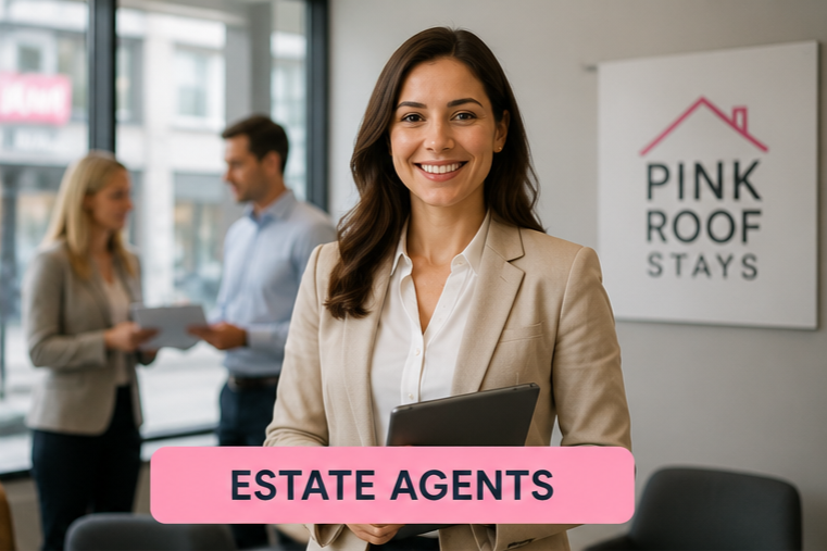 A smiling woman holding a tablet in an office, with two people talking in the background and a sign that reads 'Pink Roof Stays', with a pink roof icon, and a pink banner that says 'Estate Agents'.