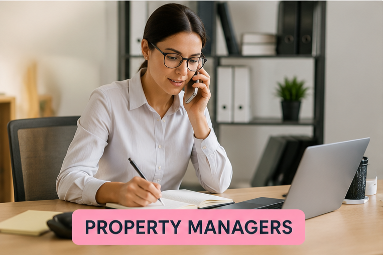 A woman in glasses sits at a desk talking on her phone, writing in a notebook, with a laptop open in front of her, in an office setting with a bookshelf in the background. The text overlay reads 'PROPERTY MANAGERS'.