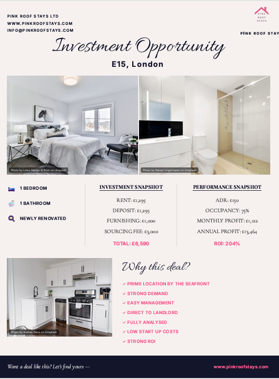 Flyer for Pink Roof Stays advertisement showcasing London property investment opportunity with images of a bedroom, bathroom, and kitchen.