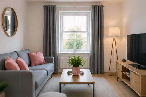 Living room with gray sofa, pink pillows, wooden coffee table with a potted plant, window with gray curtains, floor lamp, and flat-screen TV on a wooden stand.