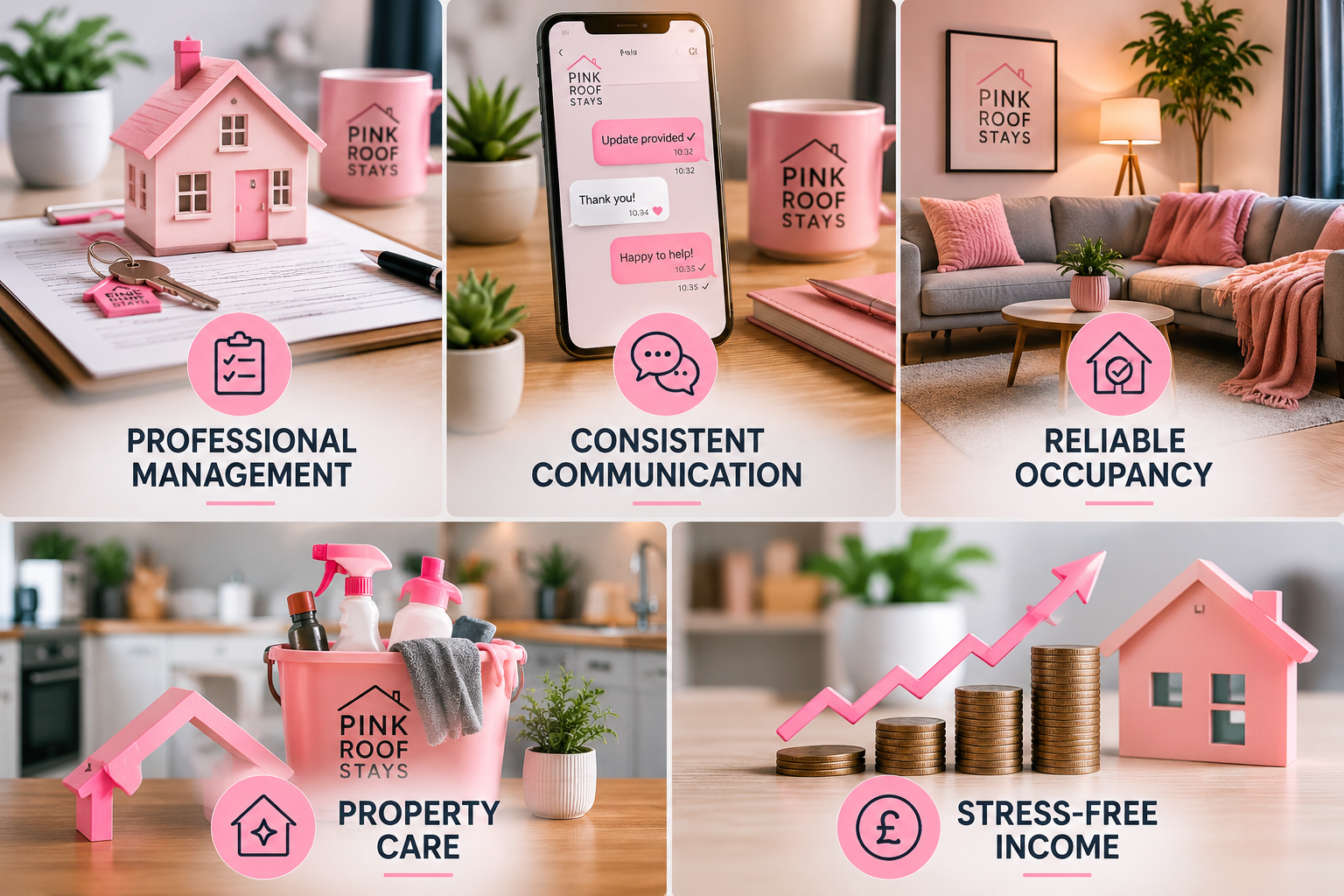 A collage of five images promoting a home management service, with icons and text highlighting features such as professional management, consistent communication, reliable occupancy, property care, and stress-free income, all featuring pink-themed decor and branding.
