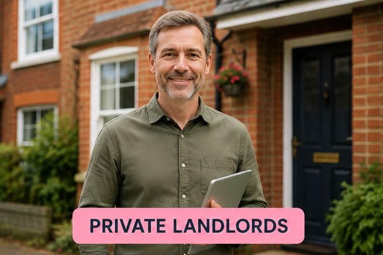 A middle-aged man with gray hair and a beard holding a tablet, standing outside a residential house with brick walls, windows, and a hanging flower basket. There is a pink banner at the bottom with the text 'PRIVATE LANDLORDS'.