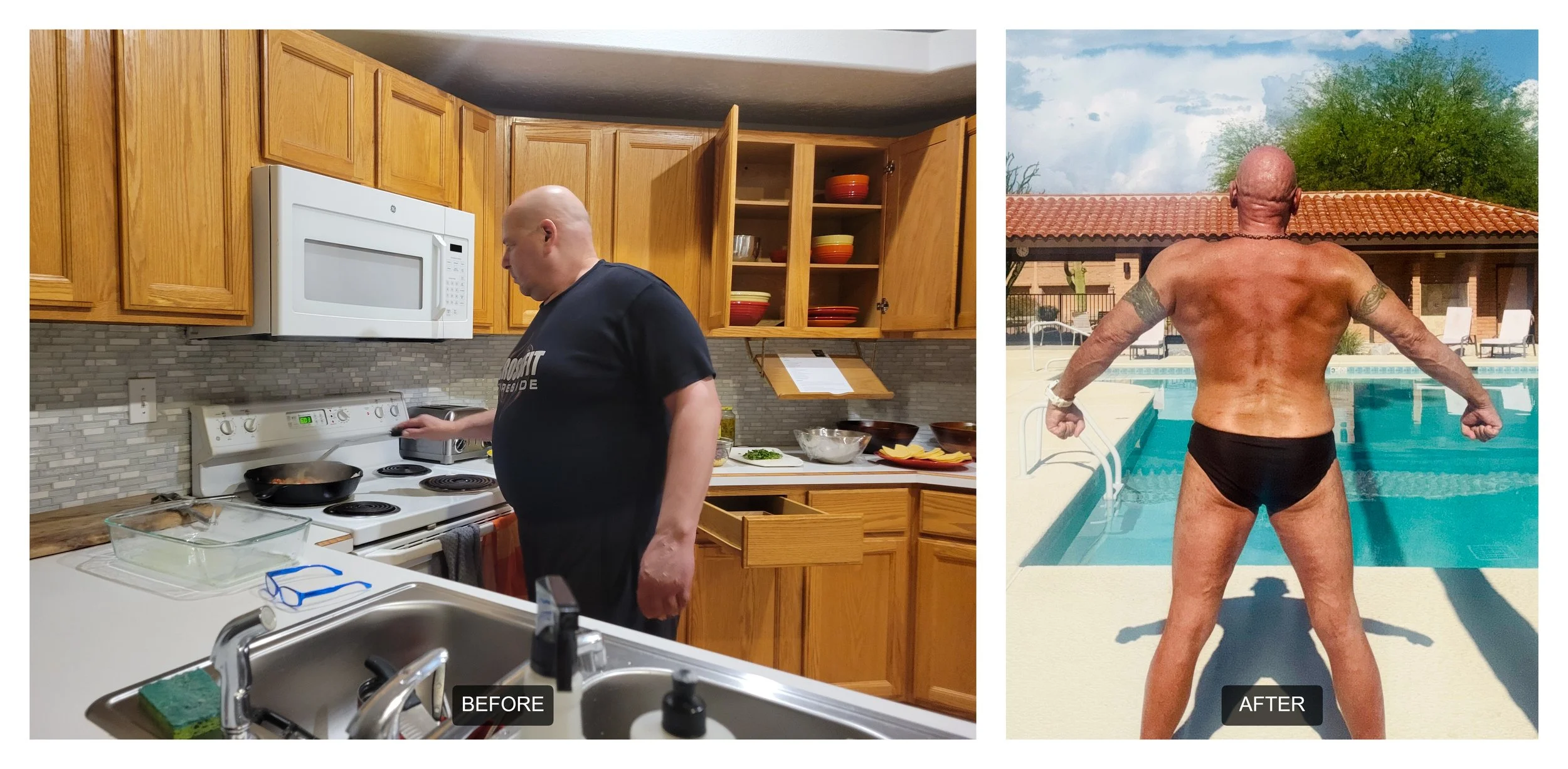 Comparison photo of personal trainer Maximus Lewin before and after a body transformation, showing fat loss and muscle gain in Tucson, Arizona.