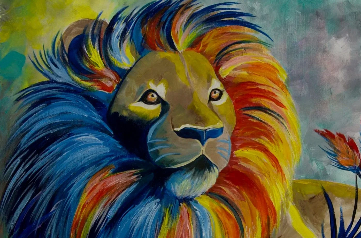 Early acrylic painting of a lion with a vibrant multicolored mane resting among stylized grasses.