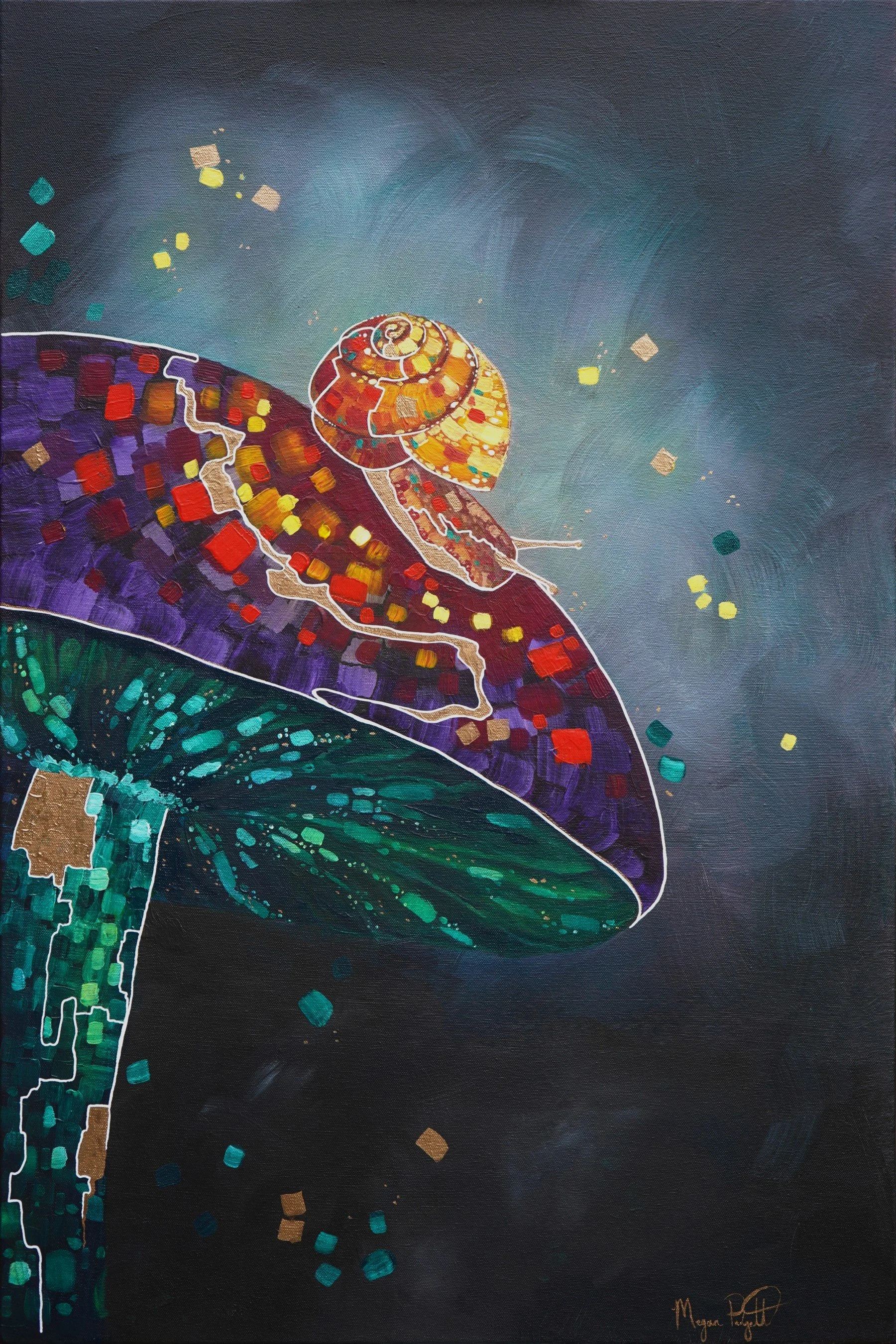 Original acrylic painting titled Understory depicting a small snail crossing a vibrant mushroom, celebrating the quiet life of the Pacific Northwest forest floor.