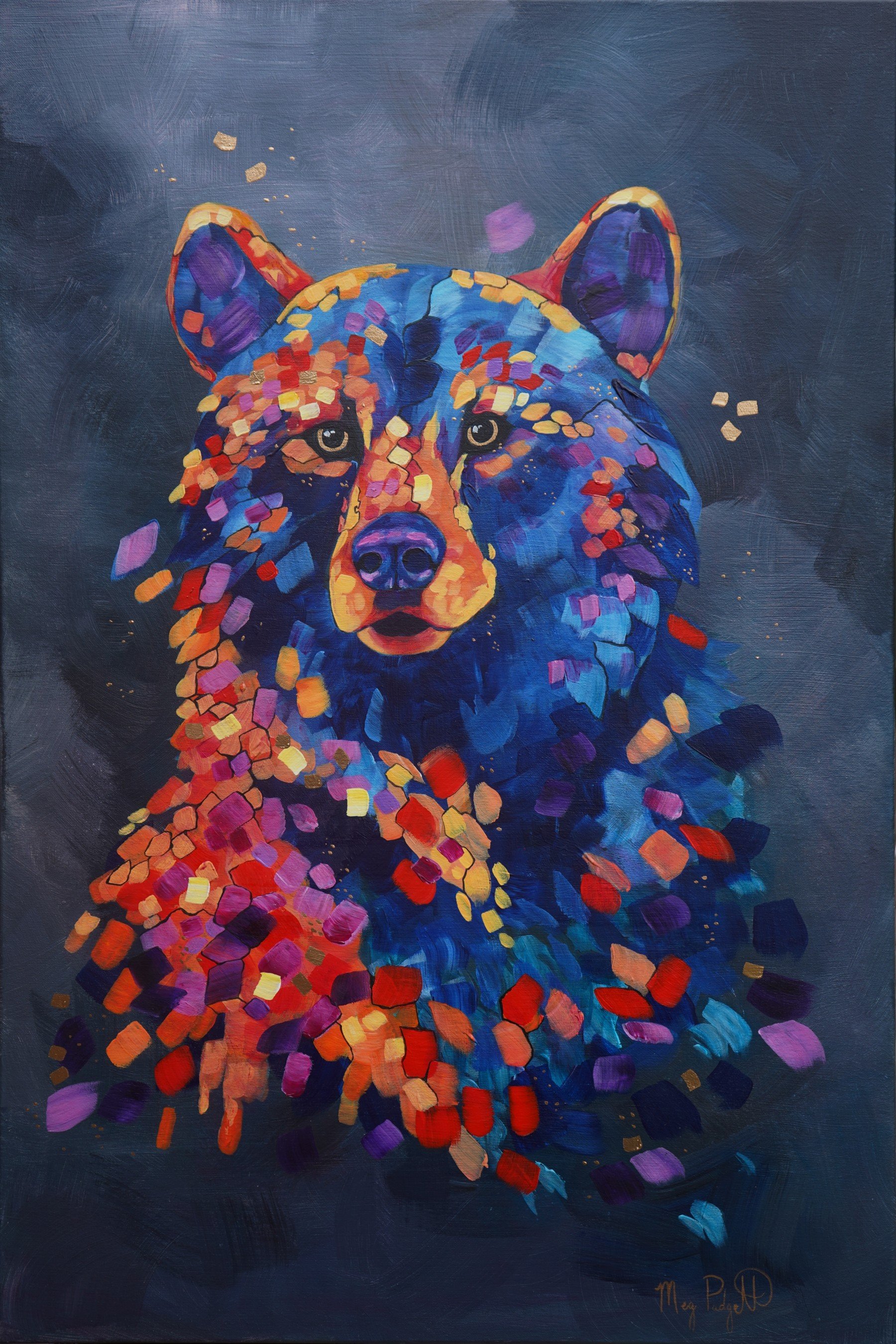 Mountain Sentinel, an original acrylic painting of a black bear with fractured blue, orange, and magenta color against a moody charcoal background.