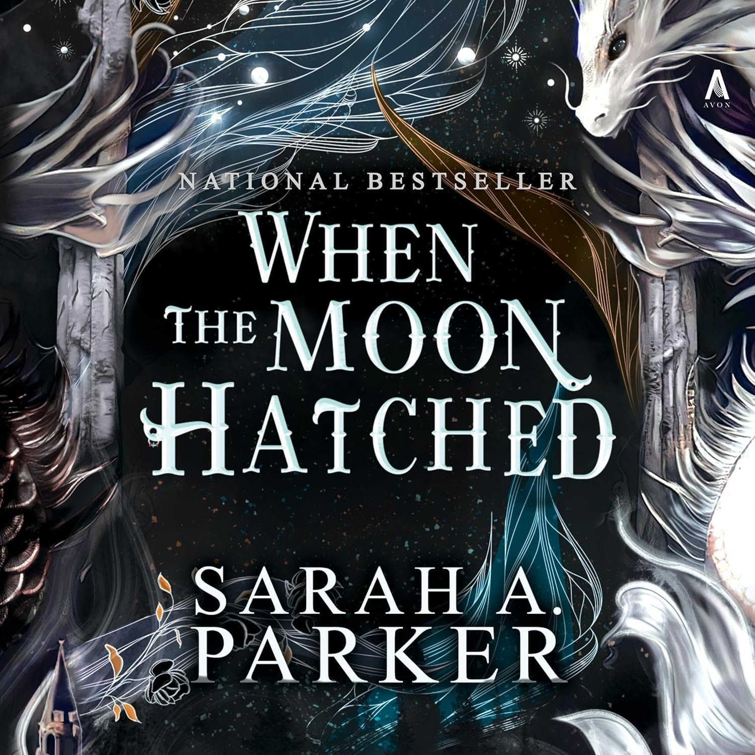 Book cover for 'When the Moon Hatched' by Sarah A. Parker, featuring a mystical, celestial theme with swirling silver and gold patterns, a profile of a white creature with regal features, and decorative space elements.