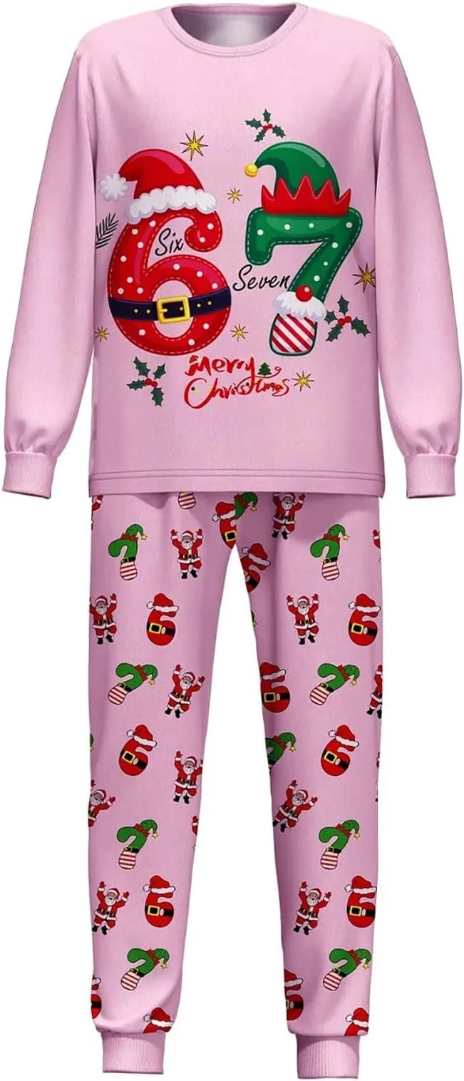 Pink Christmas-themed pajamas featuring numbers six and seven with holiday decorations, Santa Claus, and elf motifs.