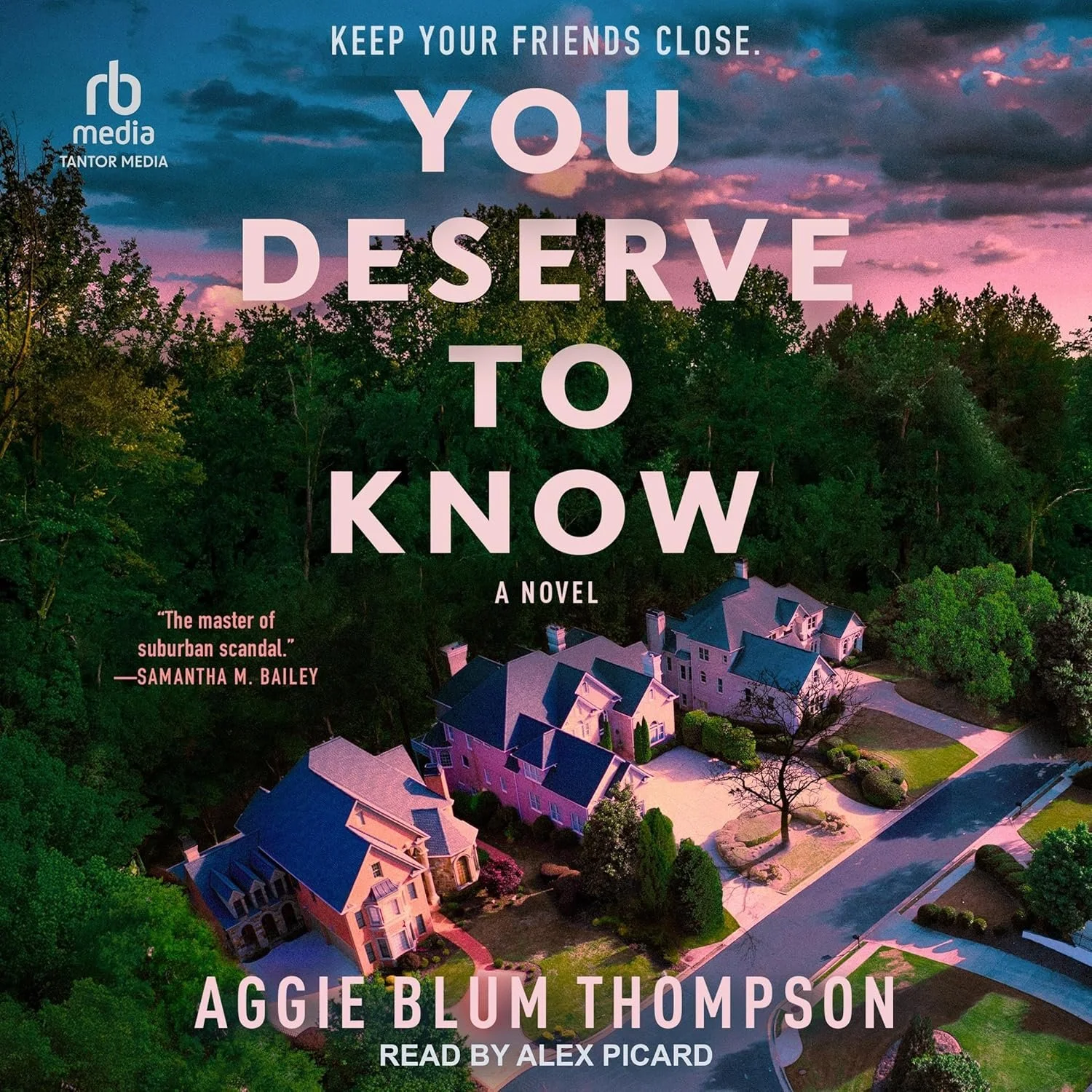 Aerial view of a suburban neighborhood with multiple large houses, surrounded by trees during sunset, with the sky displaying pink and purple clouds, and overlay text promoting a novel titled 'You Deserve to Know' by Aggie Blum Thompson.