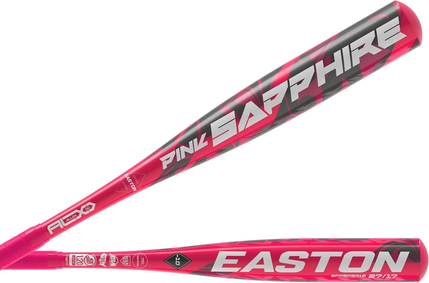 Pink and black Easton baseball bats with bold lettering and graphics.