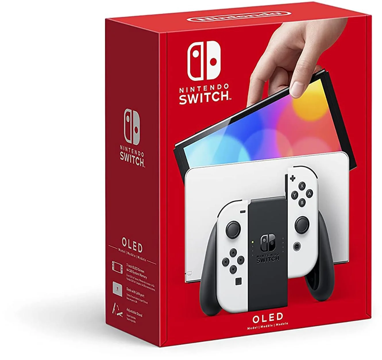 Packaging box of a Nintendo Switch OLED console with a picture of the console and a hand holding a screen, red background, and product details.