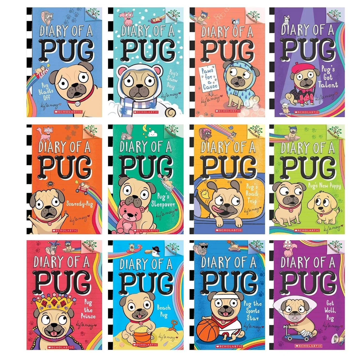 Collection of twelve colorful children's book covers titled 'Diary of a Pug.' Each cover features a pug in different scenarios with vibrant backgrounds and playful fonts.