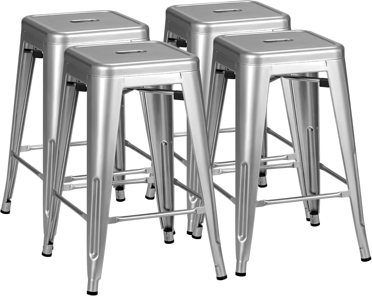 Four silver metal barstools with square seats and four legs each, connected by horizontal support bars.