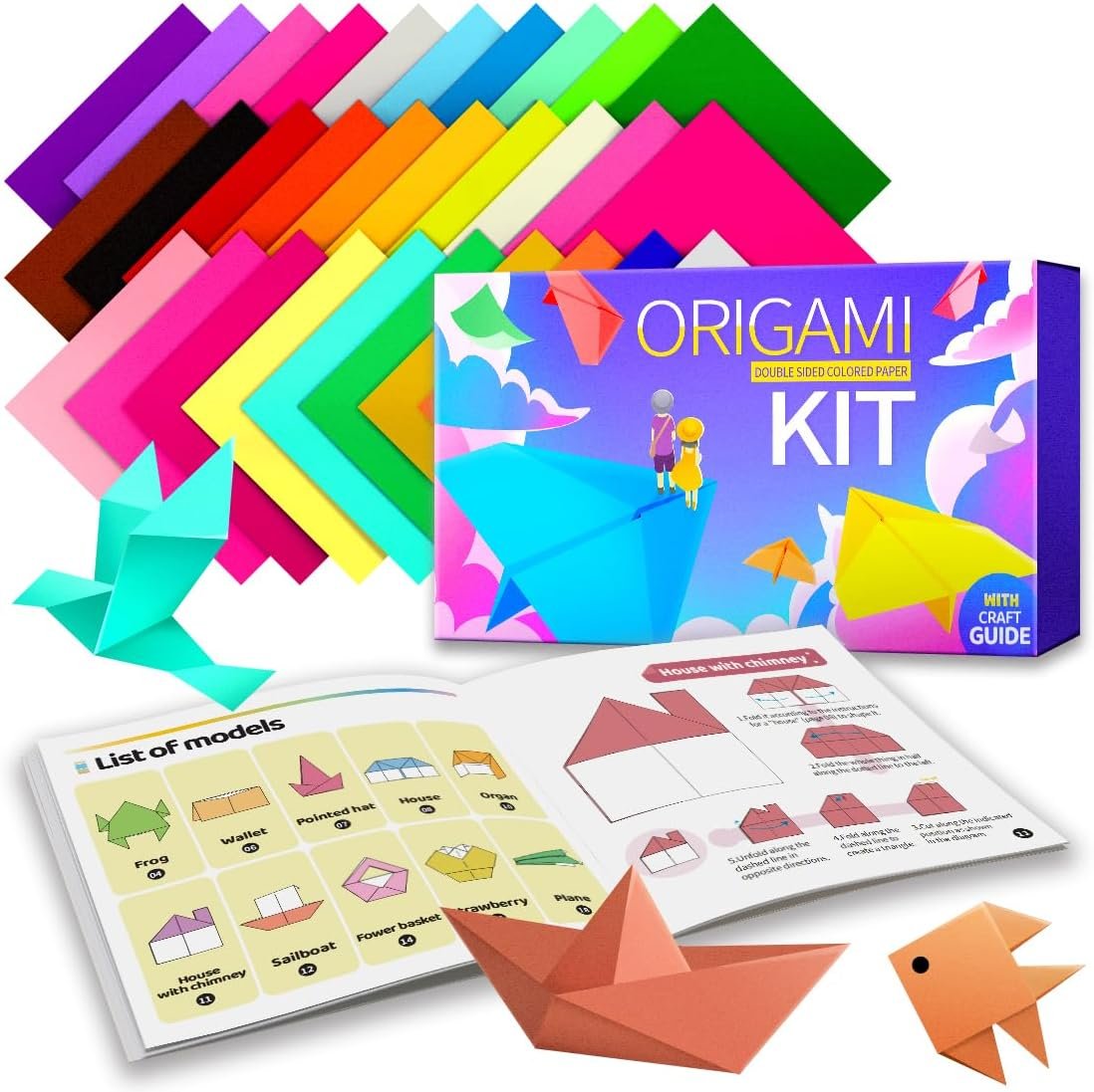 Colorful origami paper kit with various sheets, instructions, and paper models including animals and houses for folding.