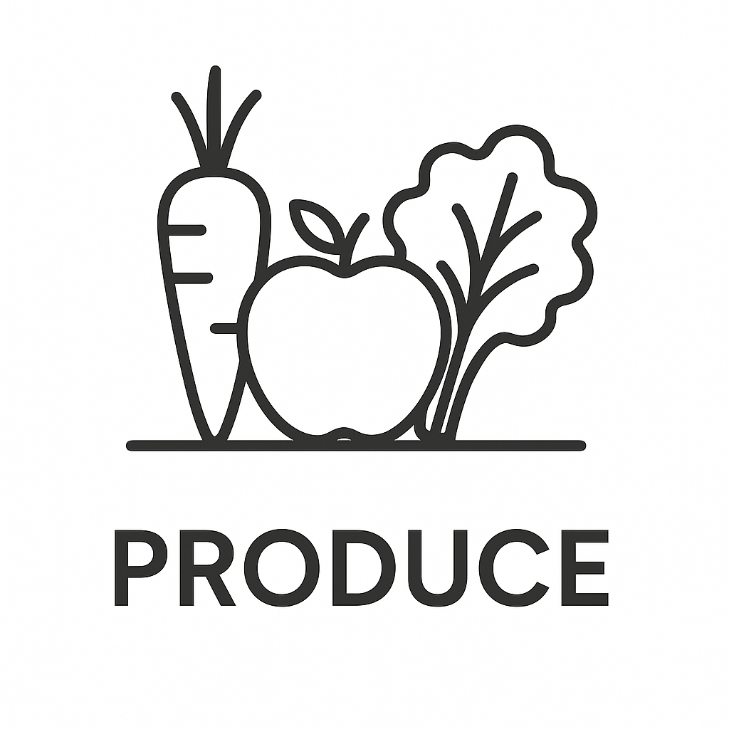 Line drawing of a carrot, apple, and leafy green vegetable with the word 'PRODUCE' underneath.