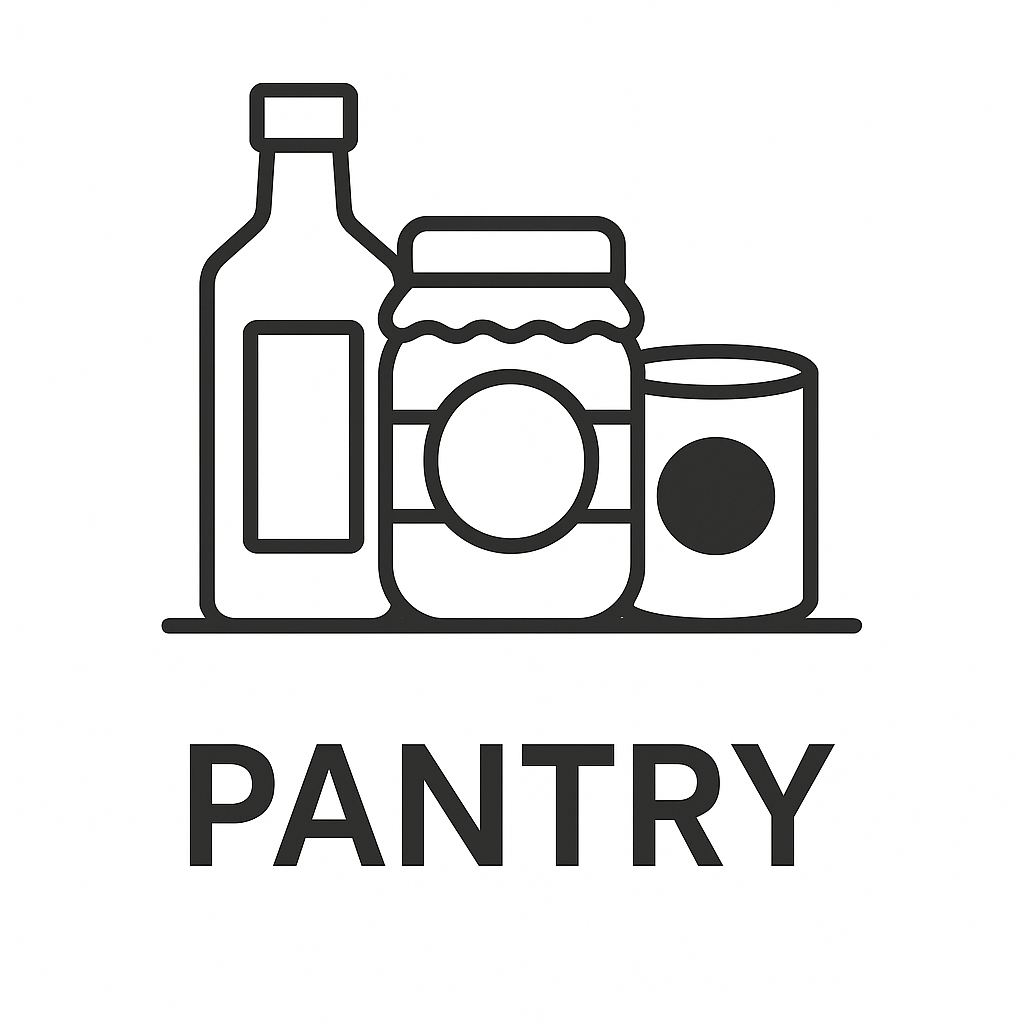 Outline of a pantry with a bottle, jar, and can, accompanied by the word 'PANTRY' beneath.