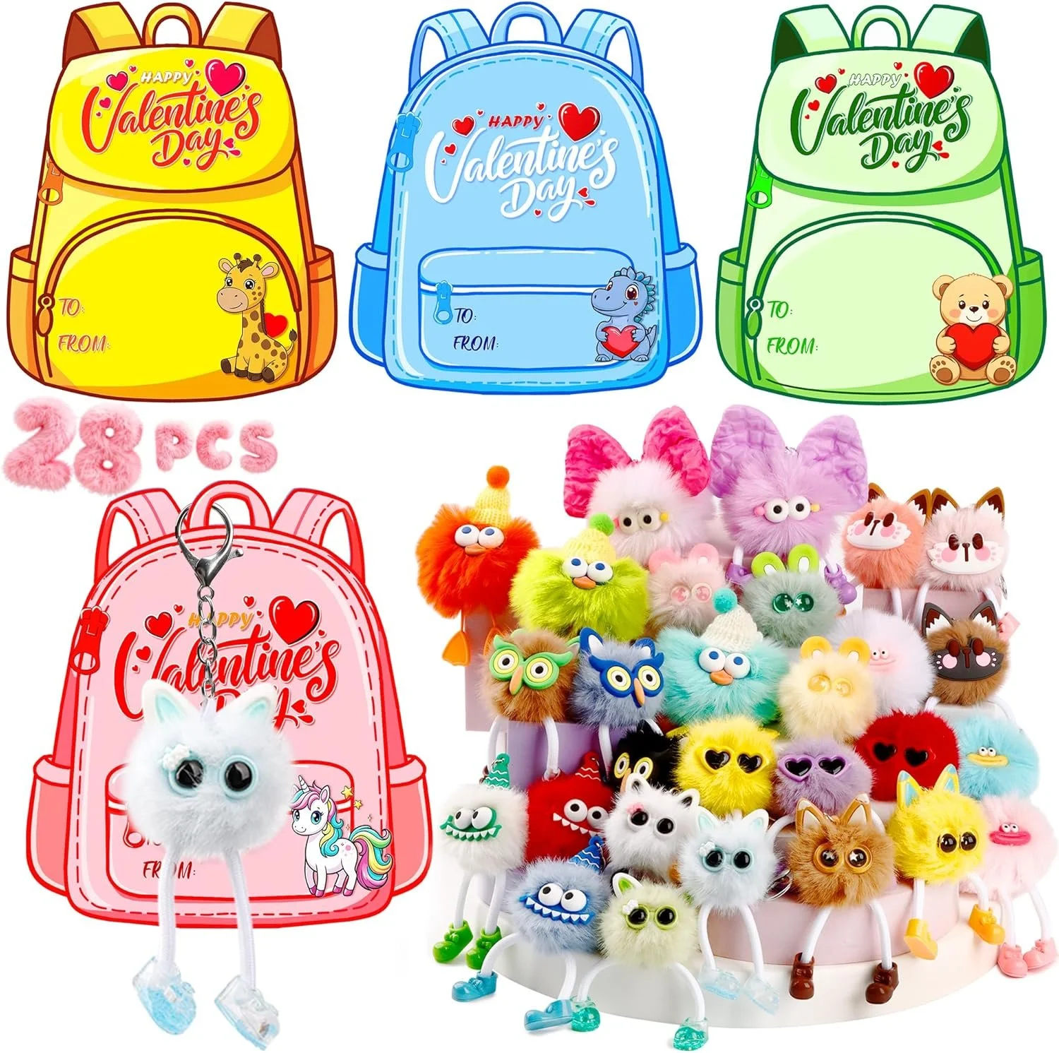 Colorful backpacks with Valentine's Day themes, a collection of fluffy plush creature toys with googly eyes and various designs, and a stand holding multiple plush toys with different colors and shapes.