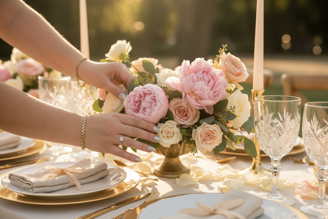 Person arranging a flower centerpiece on an elegant outdoor wedding table with crystal glasses and gold-rimmed plates.