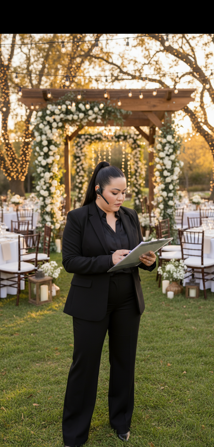 A woman in black suit and headset standing outdoors, looking at a tablet, at a decorated event space with tables, flowers, and string lights during sunset.