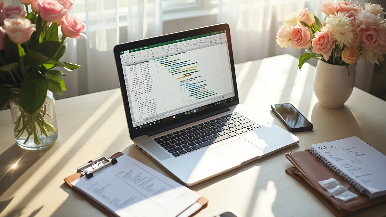 Work desk with an open laptop displaying a Gantt chart or project schedule, surrounded by two large vases of pink and white flowers, a smartphone, and various papers and notebooks.