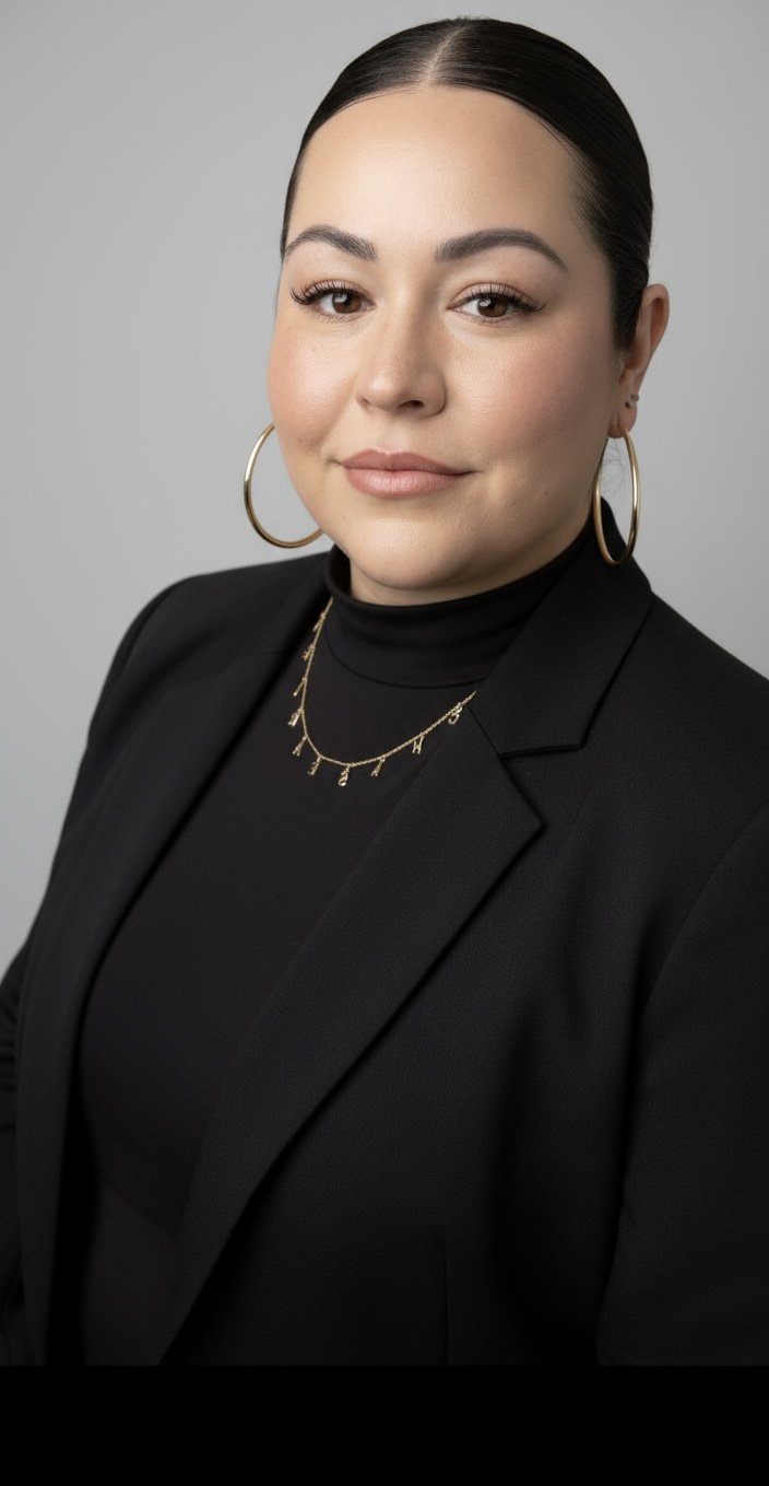 Headshot of a woman with dark hair tied back, wearing hoop earrings, a black turtleneck, and a black blazer, against a light gray background.