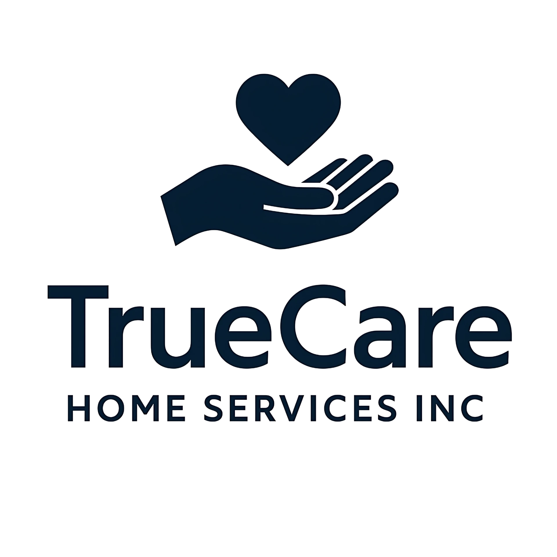 A blue icon of a hand holding a heart with the words "True Care" and "Home Services"