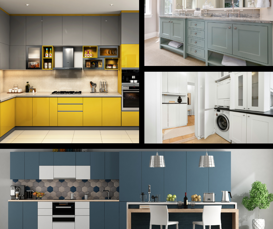 collage of four modern kitchen interiors with different color schemes and designs.