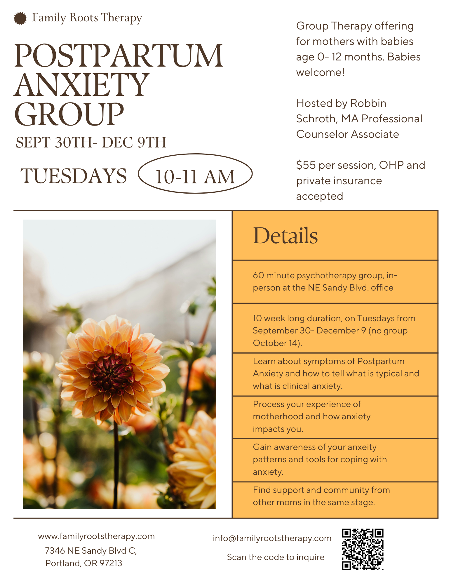 Flyer for postpartum anxiety group at Family Roots Therapy, offering 60-minute psychotherapy sessions for mothers with babies 0-12 months, held Tuesdays from 10 to 11 AM from September 30 to December 9, located at NE Sandy Blvd in Portland, Oregon.