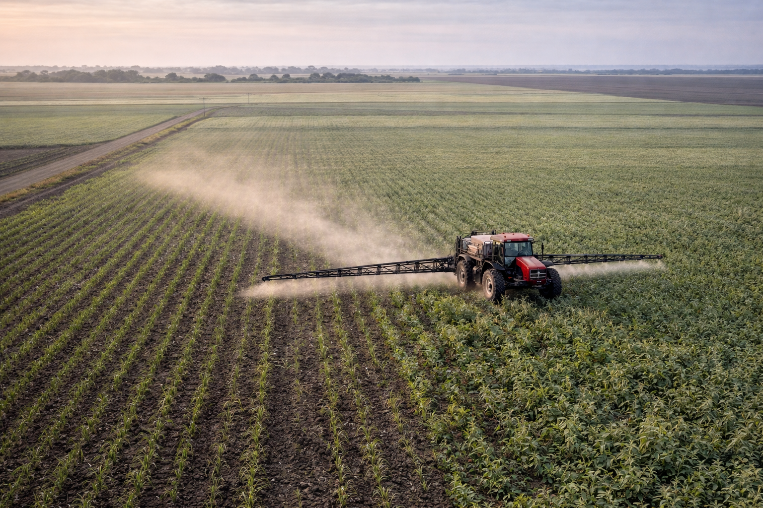 Aerial or elevated angle of a self-propelled sprayer moving through flat black soil plains near Moree