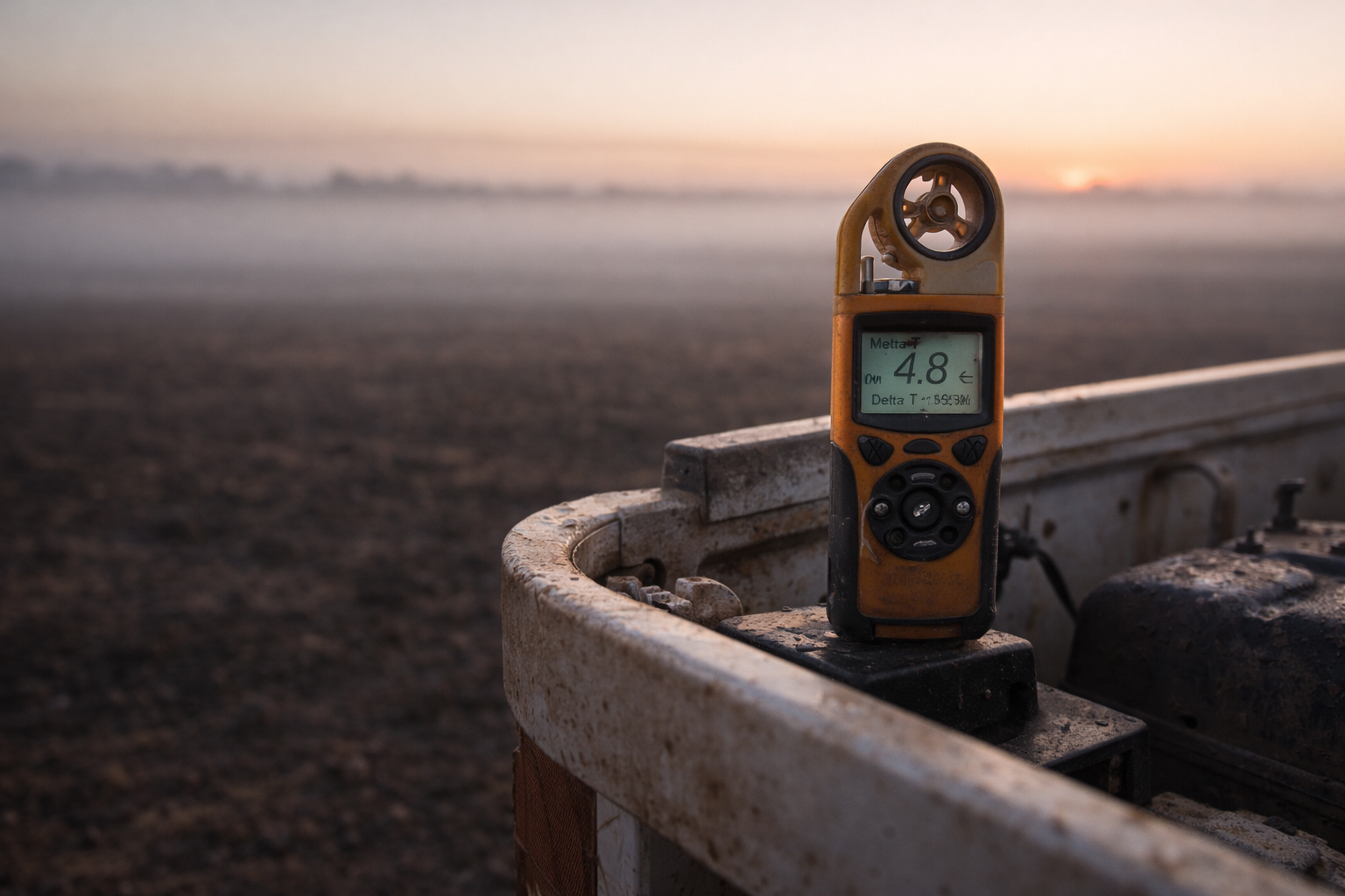Handheld weather meter showing Delta T reading before spraying near Moree NSW