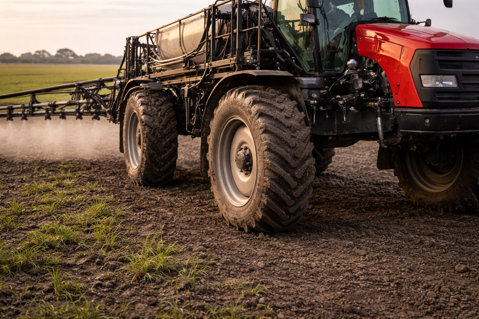 Close to mid-range shot of a modern crop sprayer parked on black soil with boom partially visible in Moree NSW