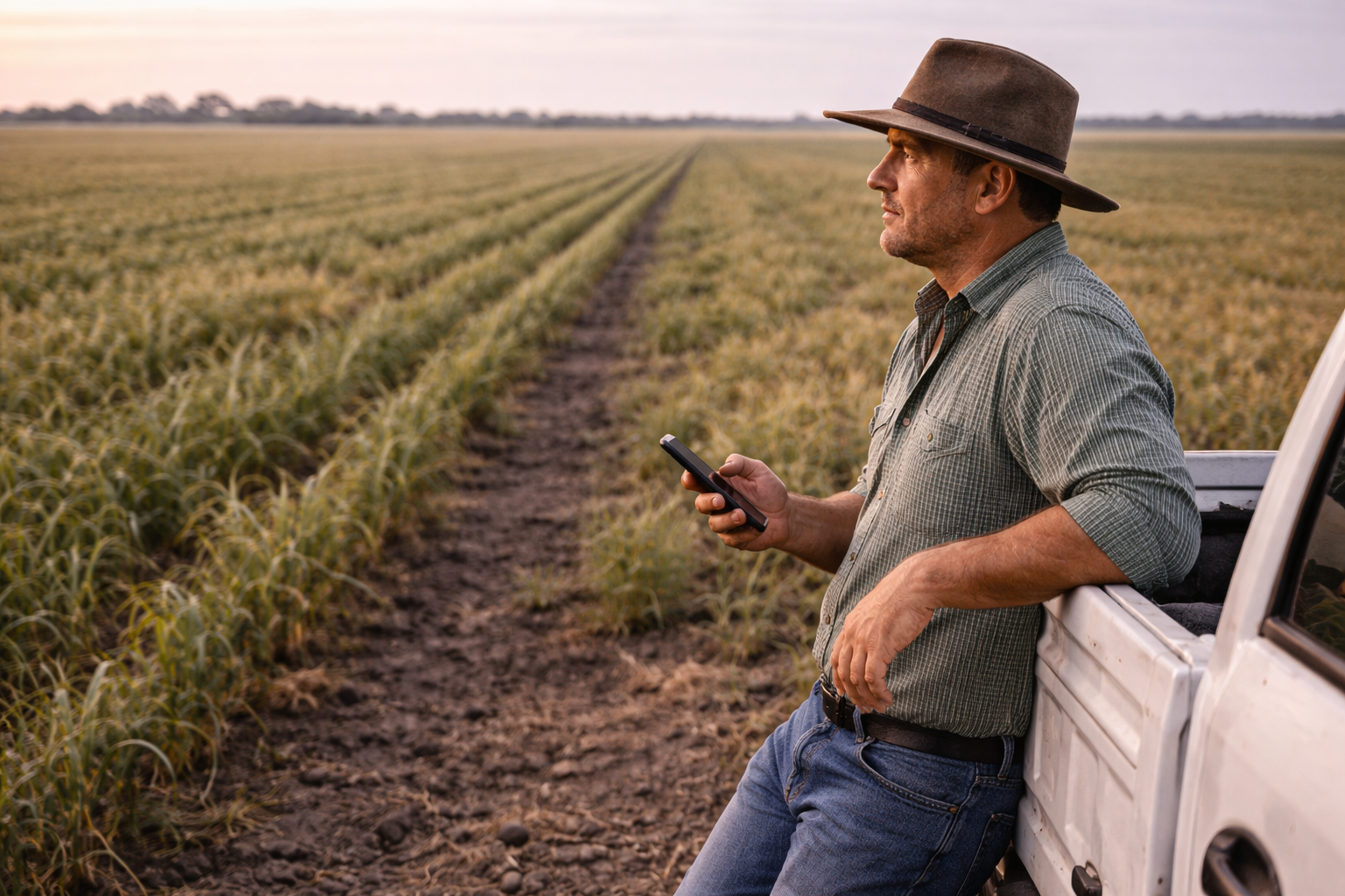 Farmer leaning against a ute in flat black soil plains near Moree, looking out across paddock while holding a phone.