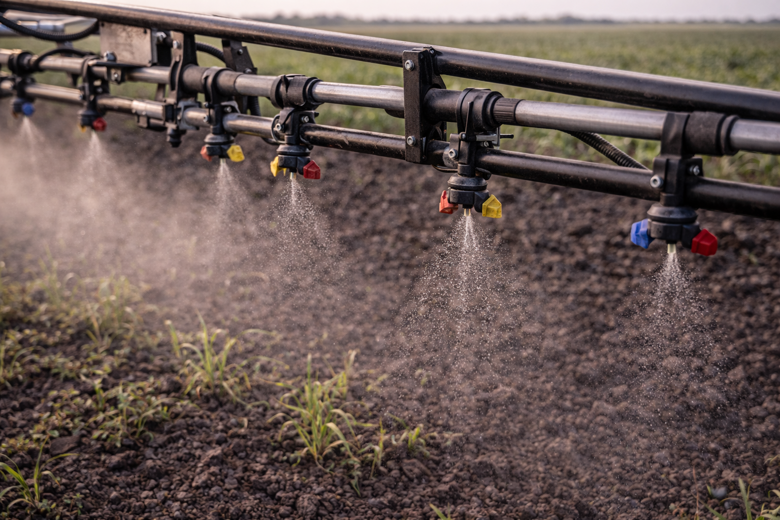 Close-up of agricultural sprayer boom and nozzles over black soil field near Moree, fine detail of equipment