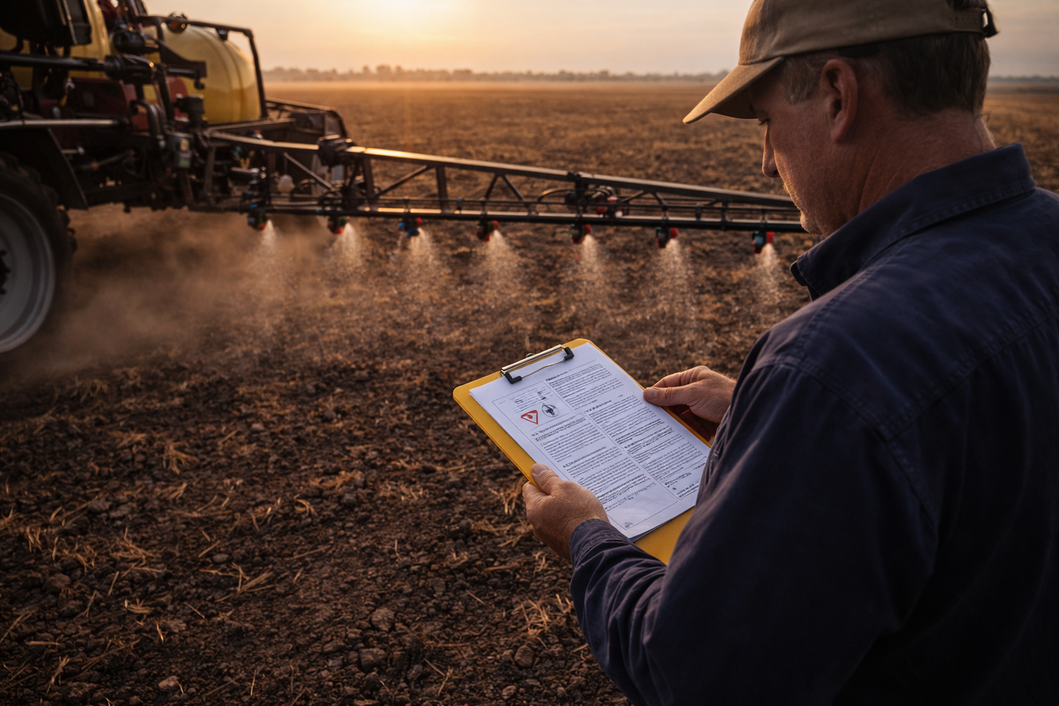 Spray operator reviewing chemical label and regulations before spraying near Moree NSW