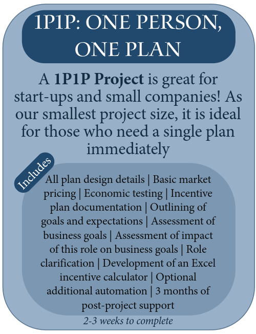 1p1p: one person, one plan project is great for startups and small companies. It is ideal for those who need a single plan immediately. includes all design details, market pricing, economic testing, incentive plan documentation, outlining of goals