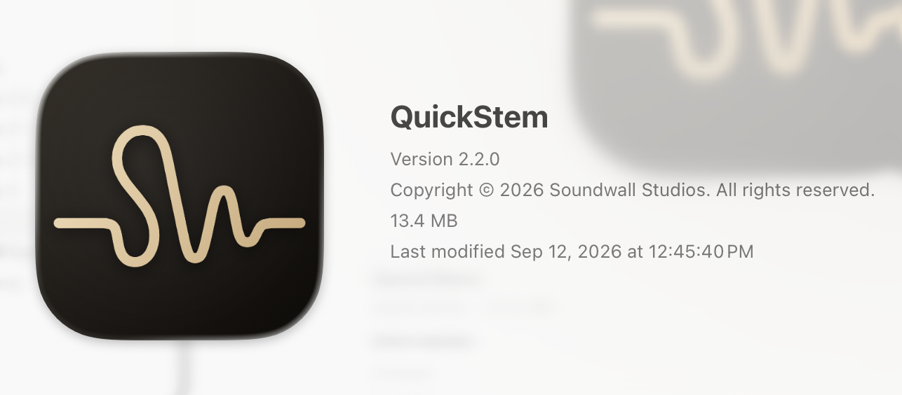 QuickStem 2.2.0 macOS app icon and application information.