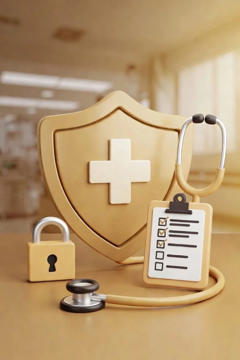 Proto Compliance - Healthcare-related items including a shield with a medical cross, a stethoscope, a clipboard with checklist, and a padlock, suggesting health security and privacy.