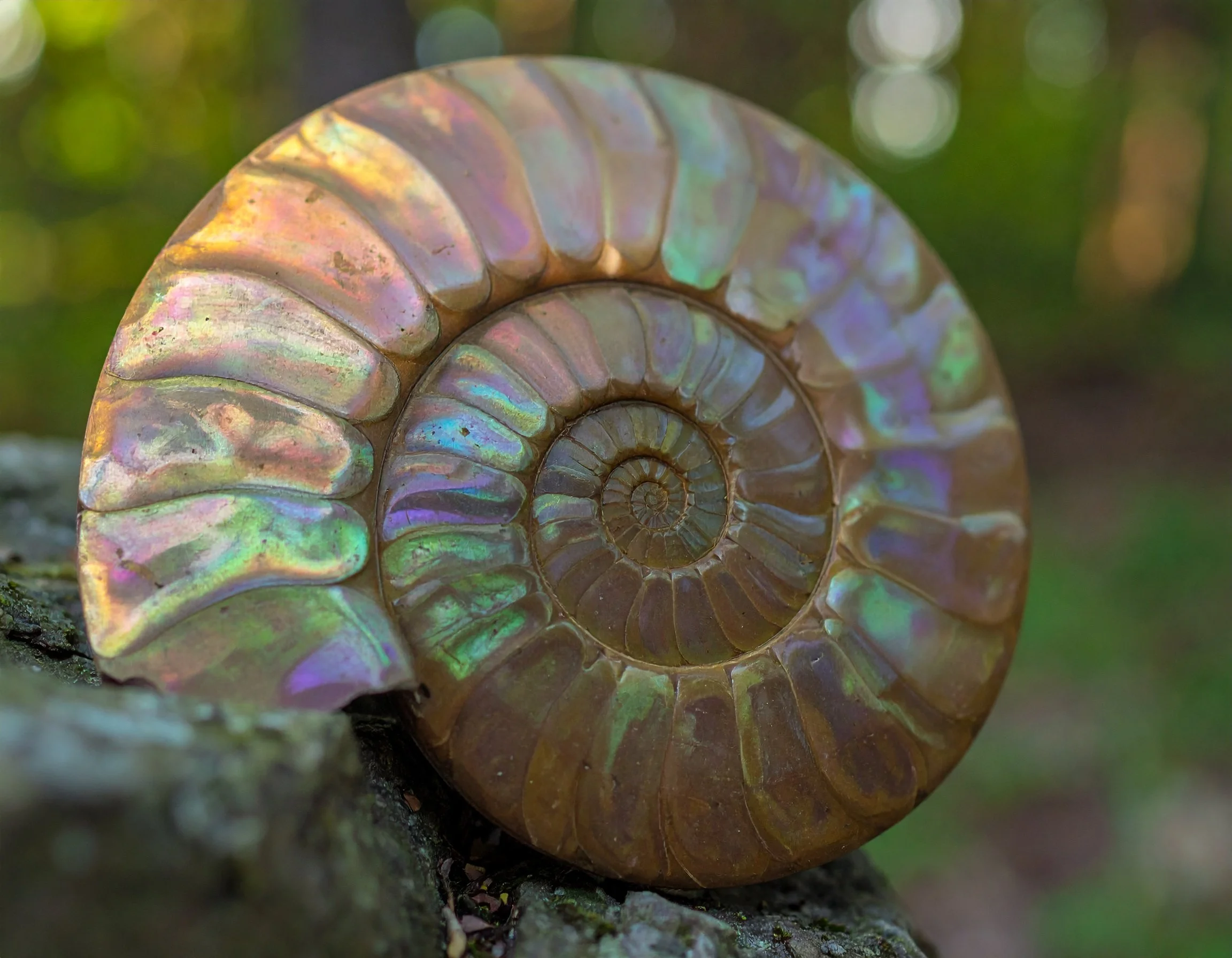 Close-up of an iridescent ammonite fossil spiral shell on a tree trunk with a blurred green background.