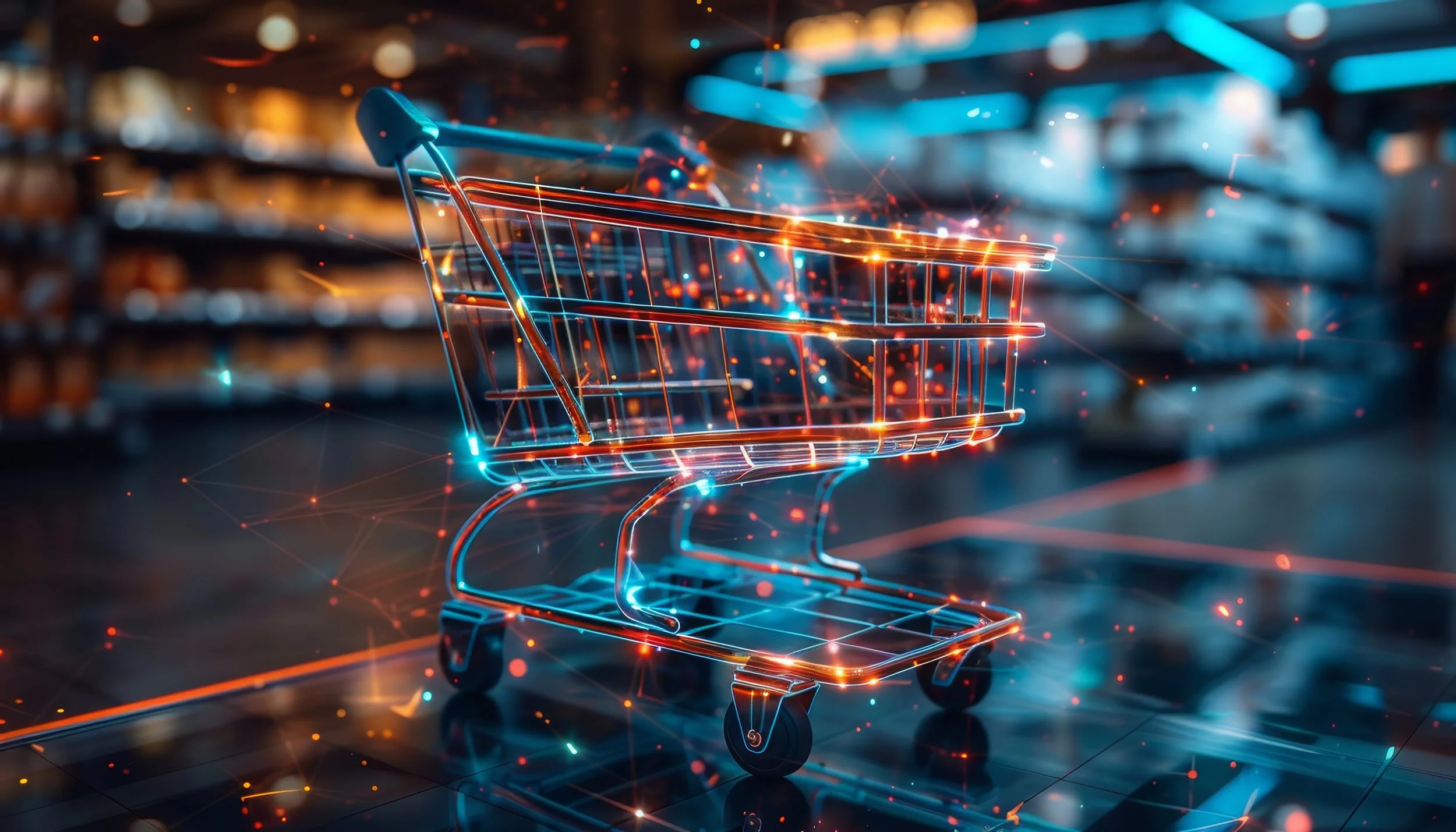 Futuristic digital rendering of an empty shopping cart illuminated with orange and blue glowing lines, floating in a digital environment resembling a store aisle.