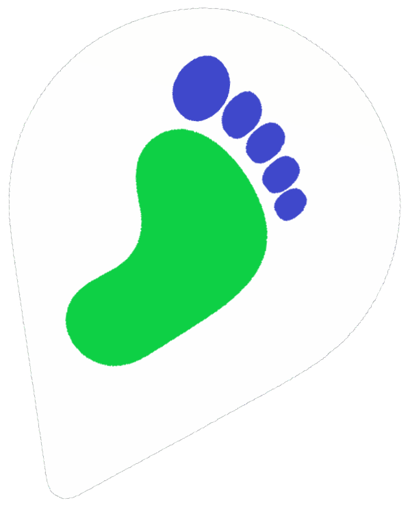 A stylized footprint with four small toes, featuring a green sole and blue toes, set inside a white location marker shape.