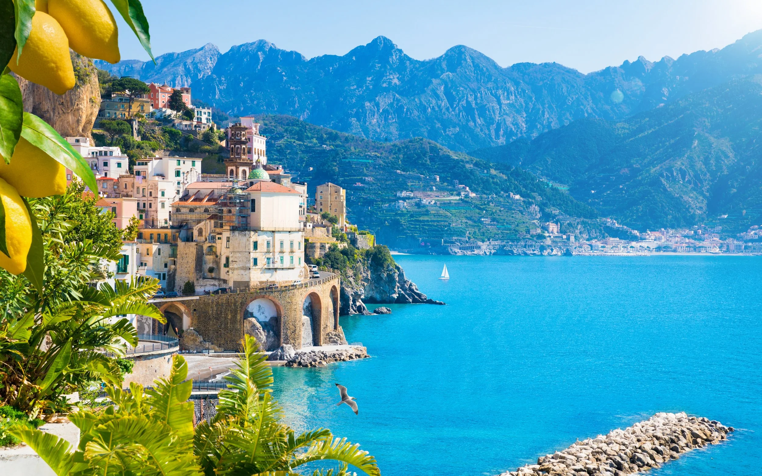 Seaside town with colorful buildings on cliffs, mountains in the background, blue water, and a sailboat, with lemons and green leaves in the foreground and seagulls flying above.