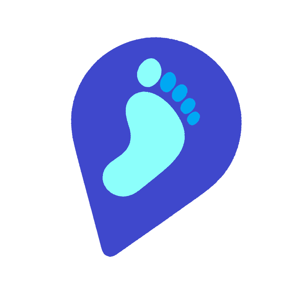 A blue map marker icon with a white footprint in the center.