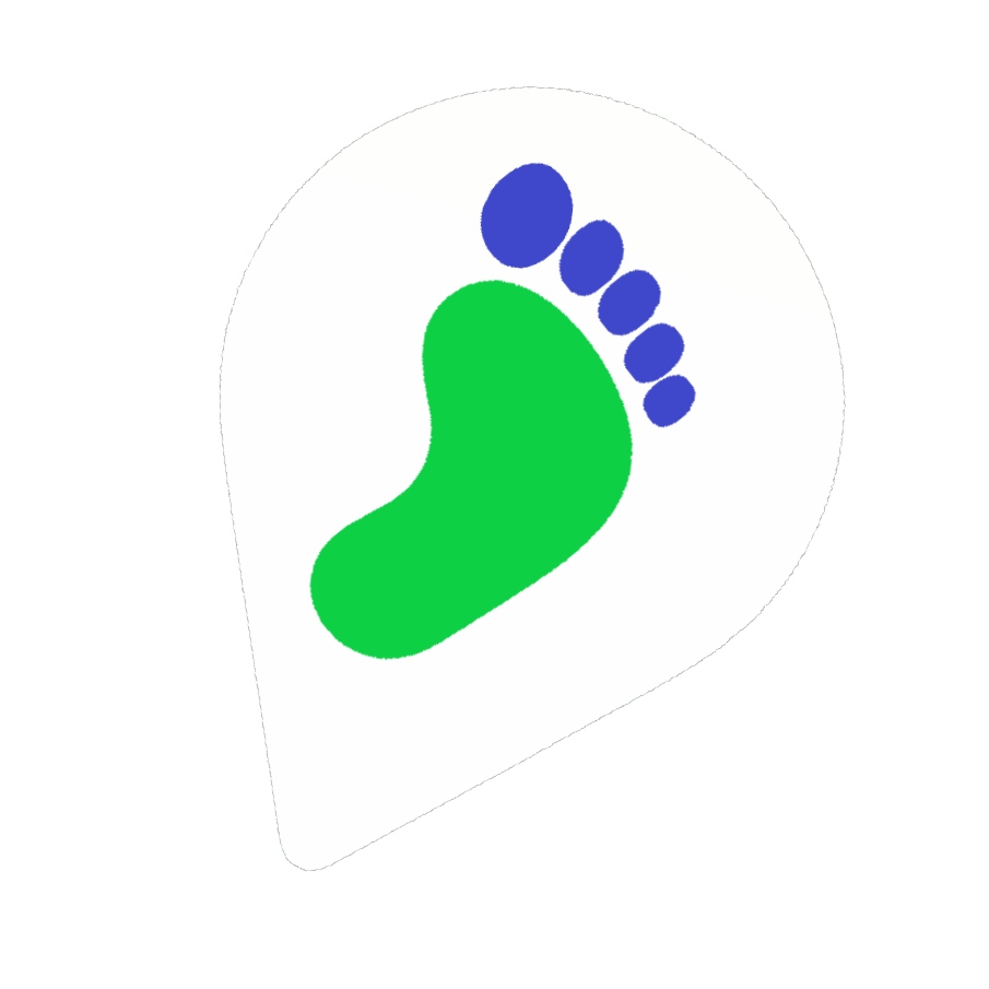 A stylized map pin icon featuring a green footprint inside a white circular background on a black backdrop.