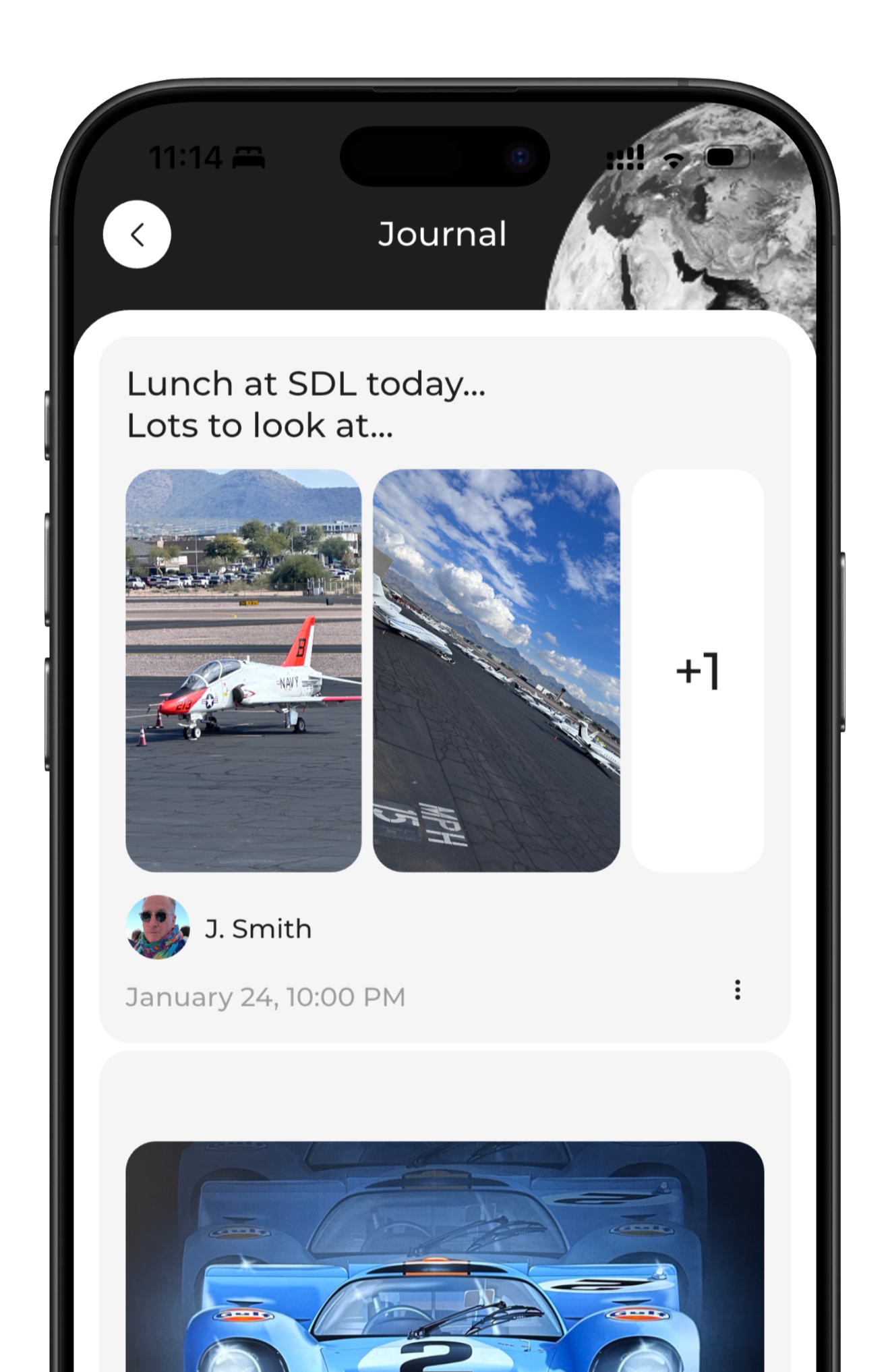A smartphone screen displaying a digital journal app. The journal entries include a photo of an aircraft on a tarmac, a second photo showing multiple aircraft parked under a blue sky with clouds, and a third image of blue toy cars. The user J. Smith wrote the entry on January 24 at 10:00 PM.